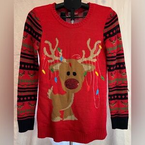 Merry Wear Women Red Ugly Xmas Sweater Rudolph The Red Nose Reindeer Small